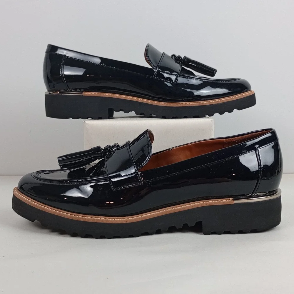 Franco Sarto Womens 10 Black Patent Tassel Platform Lug Sole Carolynn Loafers